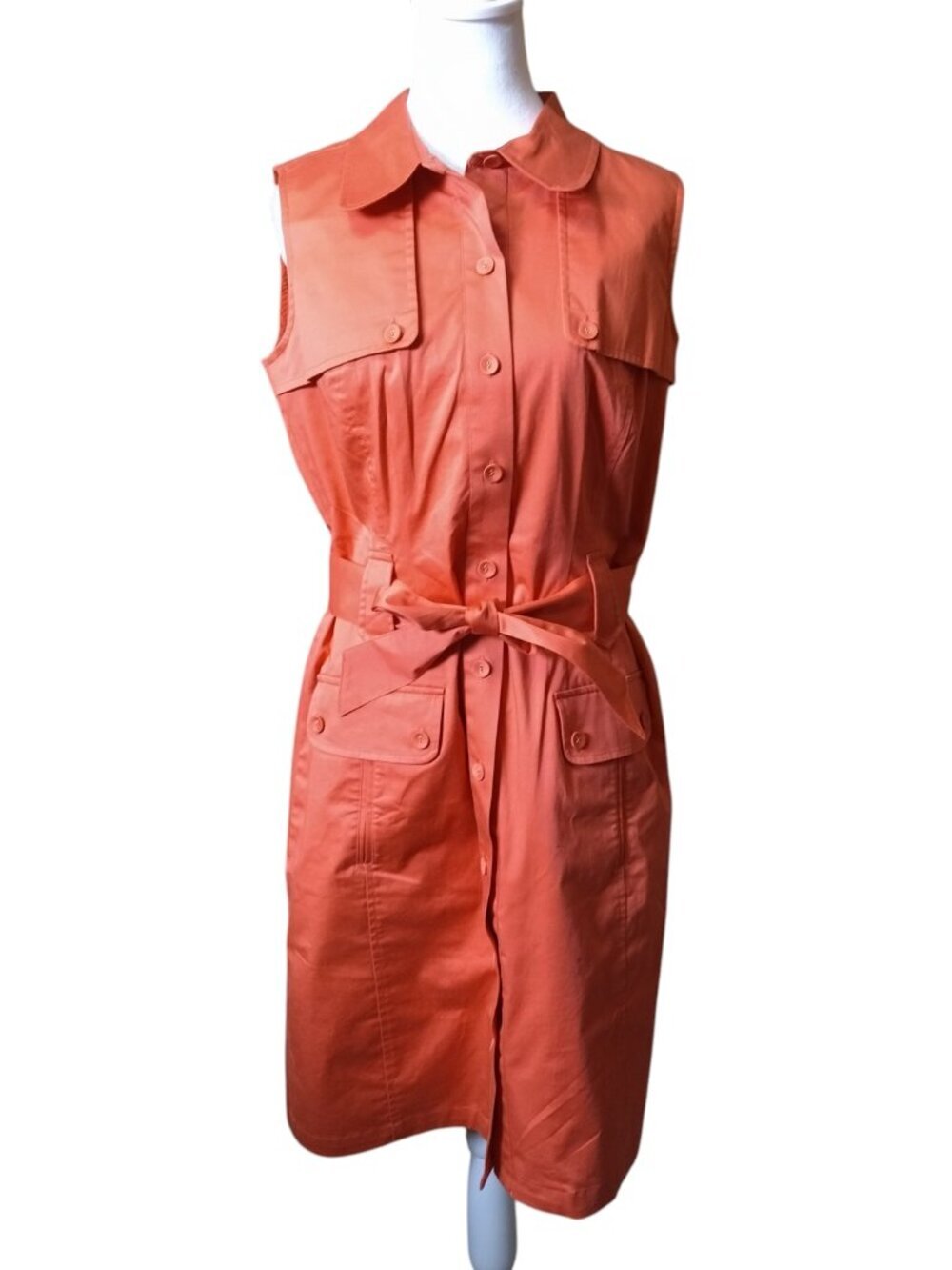 Talbots Stretch Size 10 Orange Collared Belted Sleeveless Shirt Dress Office